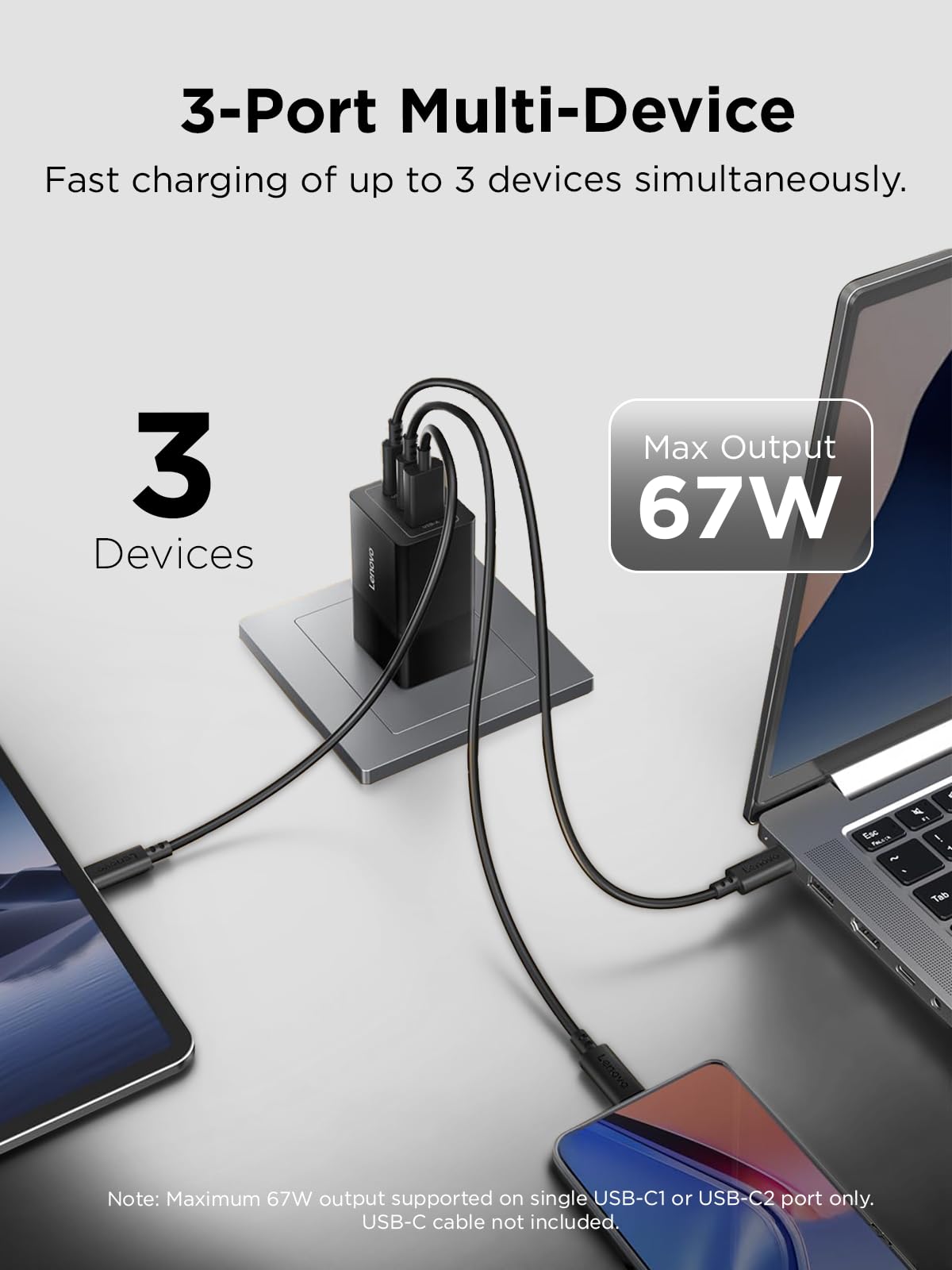 Lenovo - Caricatore USB-C da 67 W, ricarica rapida multi-dispositivo a 3 porte, blocco caricatore avanzato GAN, caricabatterie da parete compatto e veloce, per MacBook Pro/Air, DELL XPS, iPhone 16