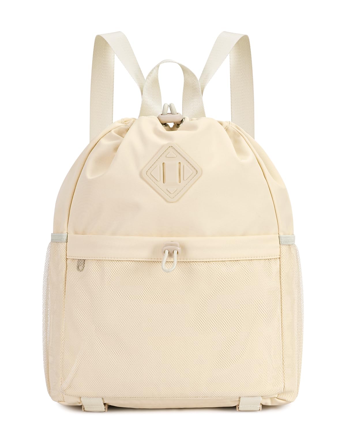 WANDF Drawstring Backpack for Women, Lightweight Gym Bag with Yoga Mat Strap, Water-Resistant String Backpack with Mesh Pocket (Beige, Patent Pending)