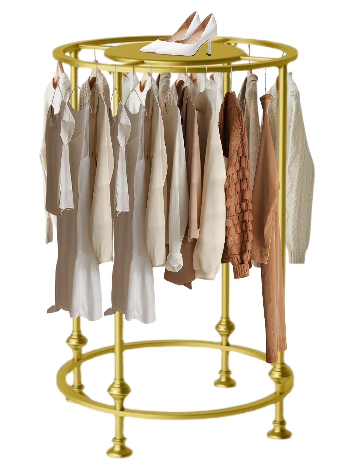 Round Garment Rack Gold Clothing Rack, Freestanding Metal Clothes Rack,  Double Space Multi-Purpose Floor-Standing Retail Clothing Rack for Clothes