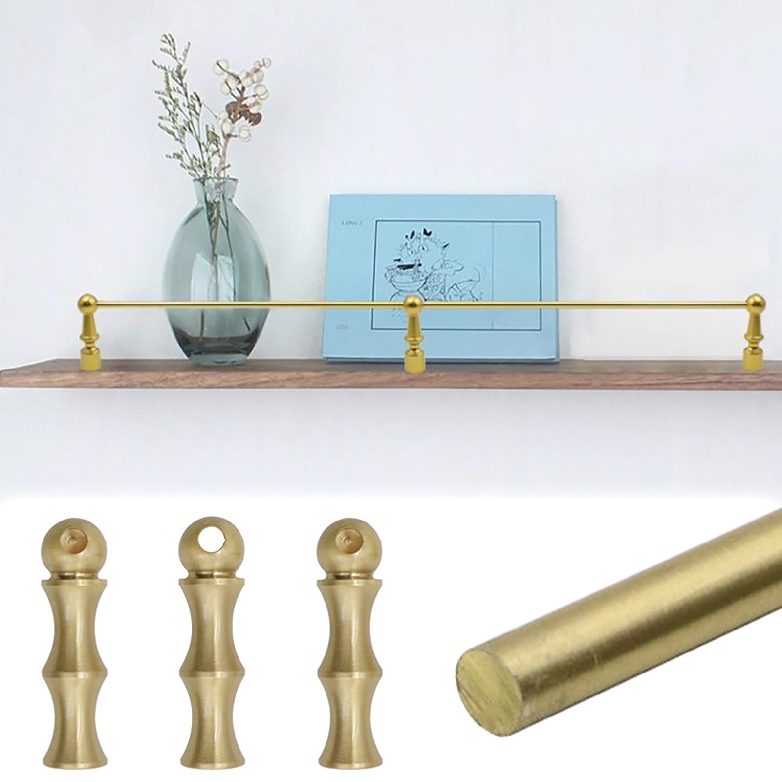 ERRULAN Metal Anti-fall Guardrail for Shelves, Brass Shelf Railing Kit with Rods, Kitchen/Entryways/Bookcase/Decorative Tipping Barrier Rod(Style A,32in/81.3cm)