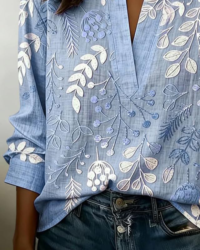 Women's Heavy Industry Stand Collar V-Neck Floral Embroidered Long Sleeve Blouse Elegant Spring Summer Top