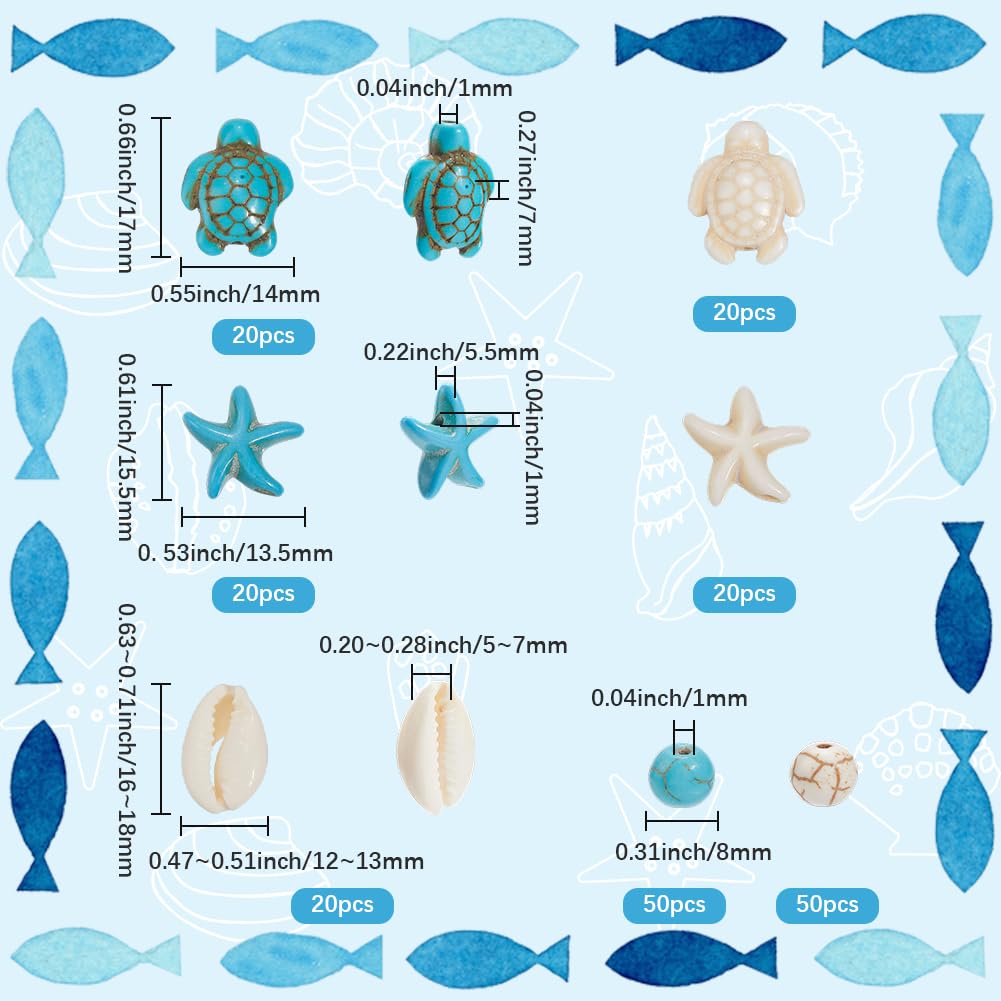 SUNNYCLUE 1 Box 200pcs Summer Bead Kit Stone Turtle Beads Synthetic Magnesite Howlite Sea Marine Animal Hawaii Lucky Starfish Shell Round Loose Spacers for Jewellery Making Kits Bracelet Necklaces DIY - Image 2