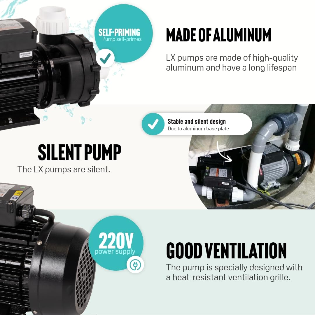LIVIN LP250 - Pompa per vasca idromassaggio, 1,85 kW/2,5 HP e 600 l/min, pompa per piscina da terra con 230 V/50 Hz e pompa jet, senza rumore