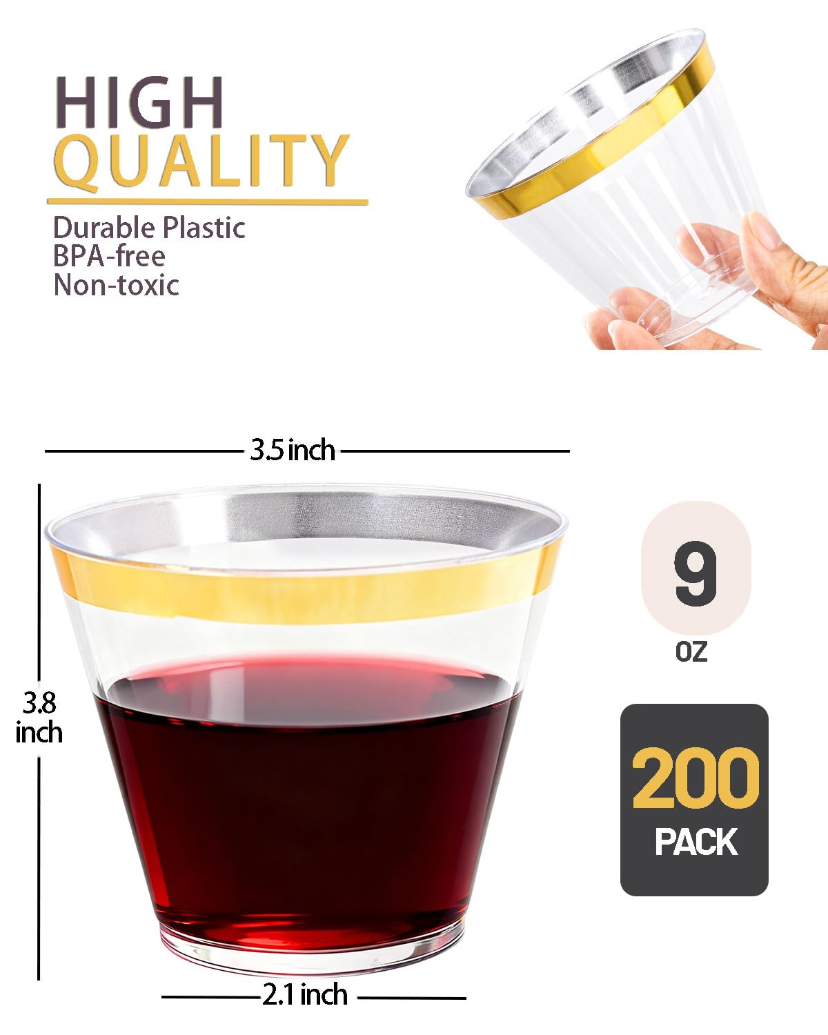 Condition photo showing New/Like New for ciaell 200pcs gold plastic cups - 9oz heavy duty disposable clear plastic cups with gold rim for wine, cocktail, party & wedding