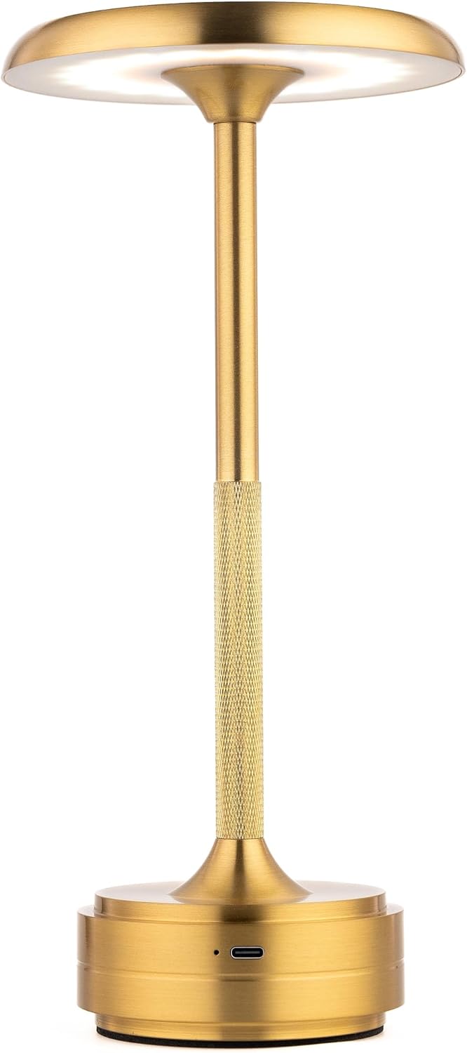Cordless Portable LED Table Lamp， Rechargeable Battery Operated Desk Lamp with Touch Sensor Three-Level Dimmable Suitable for Home Office Bedroom Hotel Room Restaurant Outdoor (Gold)