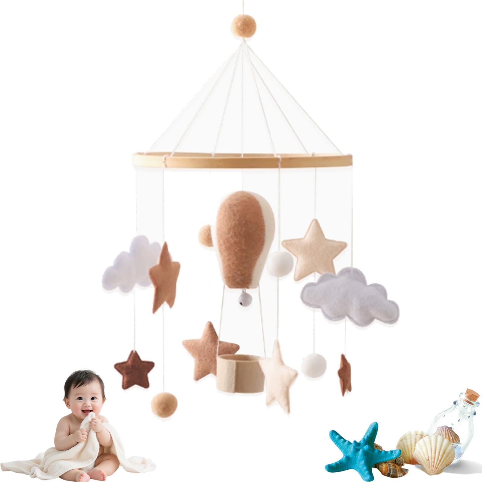 Baby Crib Mobile with Hot-air Balloon Mobile, Movable Wind Chime, Newborn Baby Boy or Girl Bed Deco (Brown C)