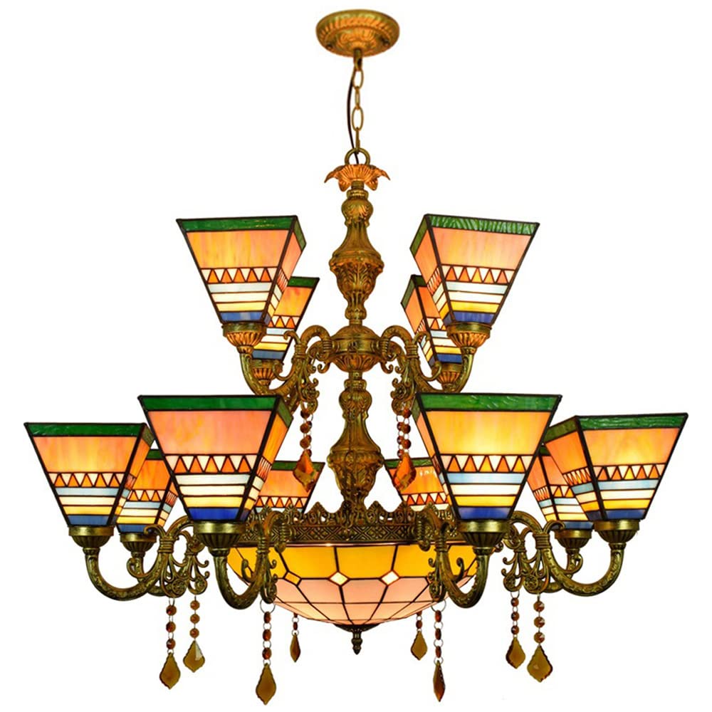FYZDLAOR 12+1-Light Chandelier,with Pyramid Shape Lampshade Pendant Light Light Fixtures,Tiffanystyle Stained Glass Hanging Light Wide 36 Inch with Crystal Pendant
