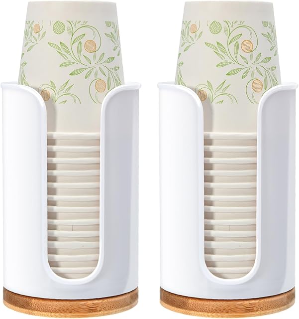 Large Bathroom Cup Dispenser - 2 Pack PC Plastic and Bamboo Compatible with 3oz 5oz 6oz Bathroom Cup Holder for Vanity Countertops, Bathroom, Kitchen, and Dining Room(White)