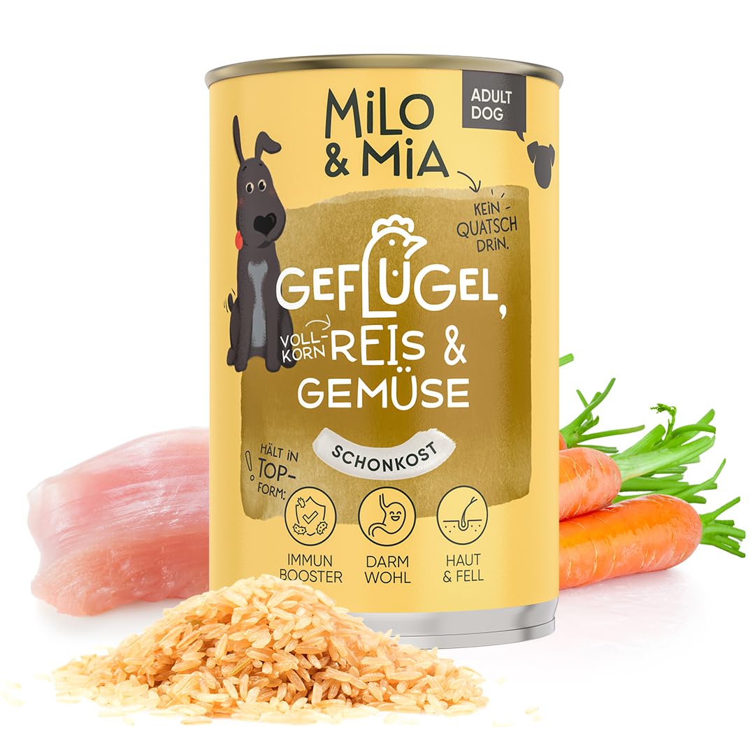 Milo & Mia - Schonkost fr Hunde Nassfutter, magenschonendes Hundefutter  fr Hunde mit Magen-Darm-Problemen, weizenfreies Monoprotein Nassfutter aus  frischen Zutaten: Geflgel, Reis & Gemse (6x400g) : Amazon.de: Haustier