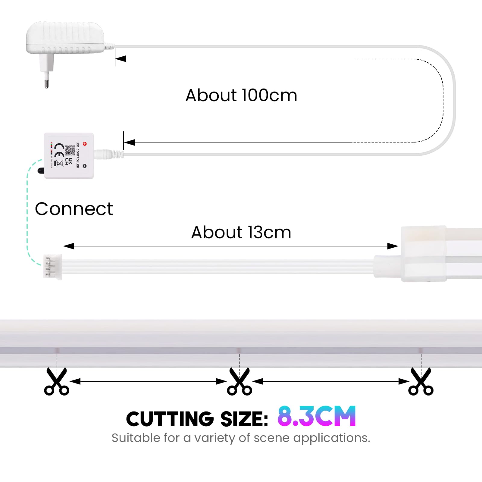 24V Neon LED Strip, 3535 60 LEDs/m RGB IP65 Waterproof Flexible Neon RGB LED Strip With 44 key Bluetooth music controller for Home, Indoor, Outdoor Decoration.