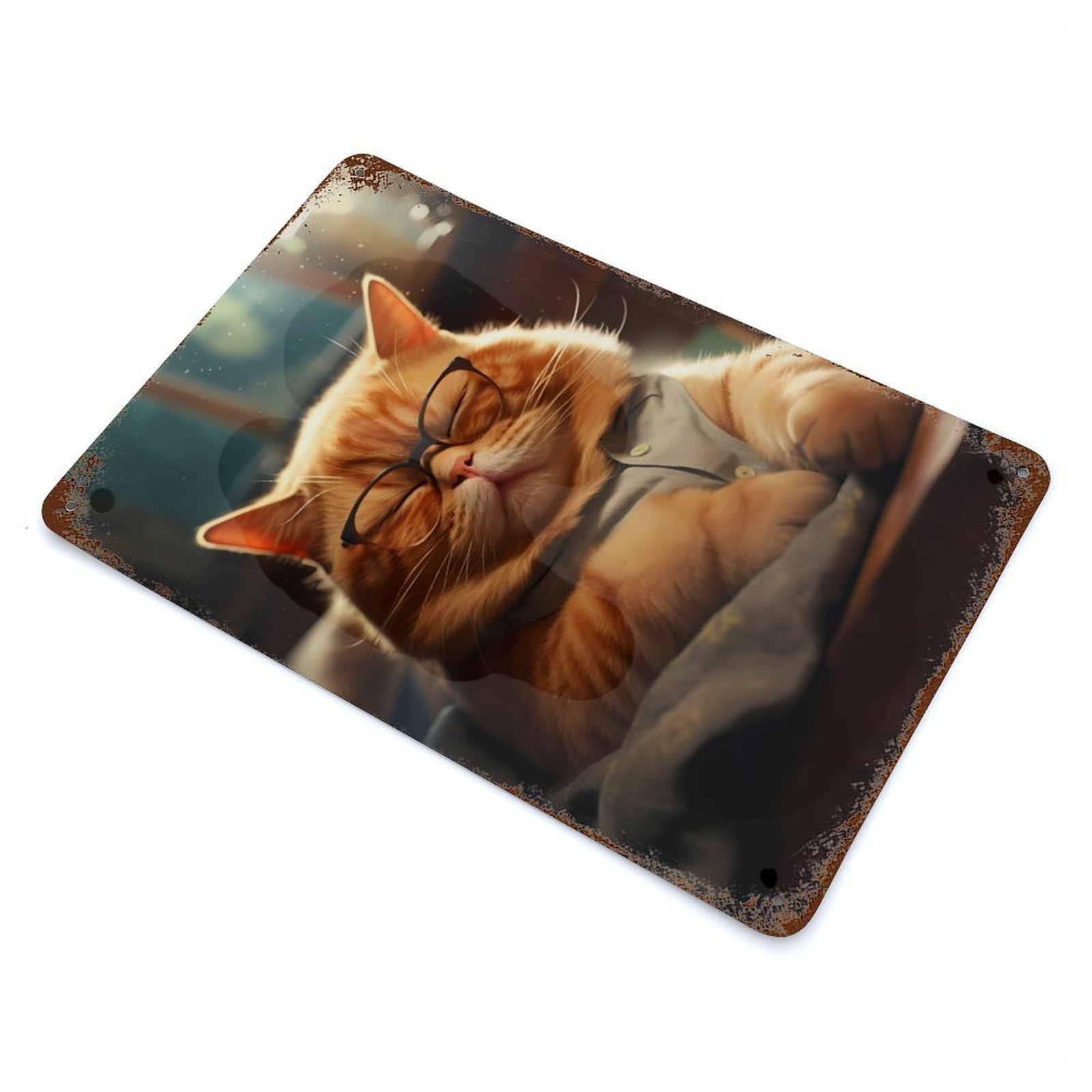 Fat Sleepy Cat Glasses Rusty Metal Tin Sign 11.8"x7.9", Ideal for Farmhouse, Kitchen And Entryway Decor