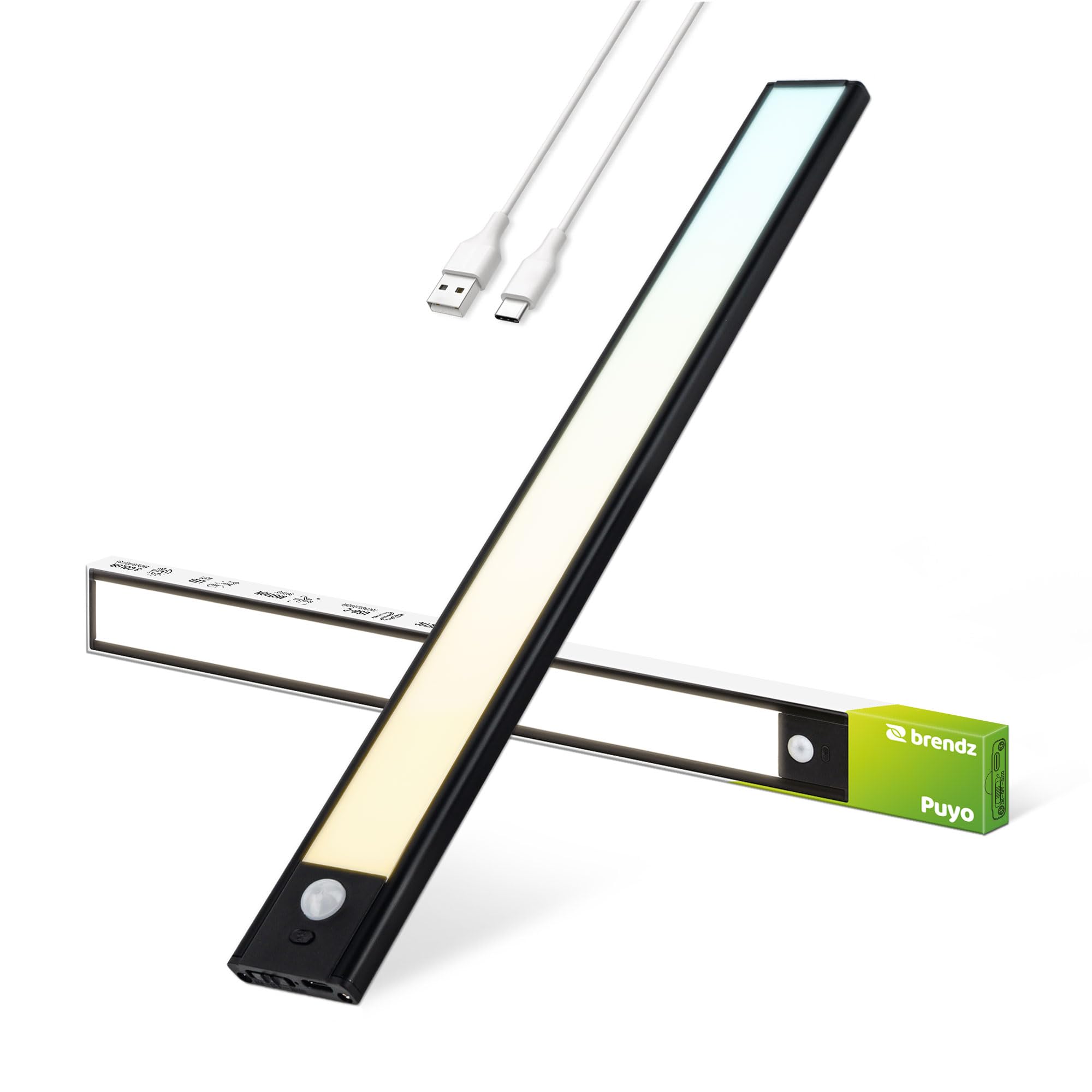 Brendz LED Sottopensile Cucina, Luce LED Ricaricabile, 40cm, USB-C, 2200mAh, 3 Temperature di Colore, Dimmerabili, Magnetica, Luci LED Cucina Sottopensile Senza Fili, Puyo Nero