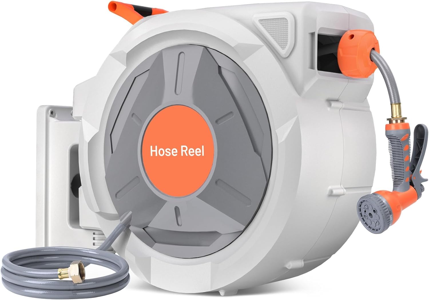 Retractable Garden Hose Reel, 1/2 in x 130 Ft with 9 Function Sprayer Nozzle & 180° Swivel Bracket, Wall Mounted Water Hose Reel with Any-Length Lock, Automatic Rewind for Yard/Garden/Outdoor