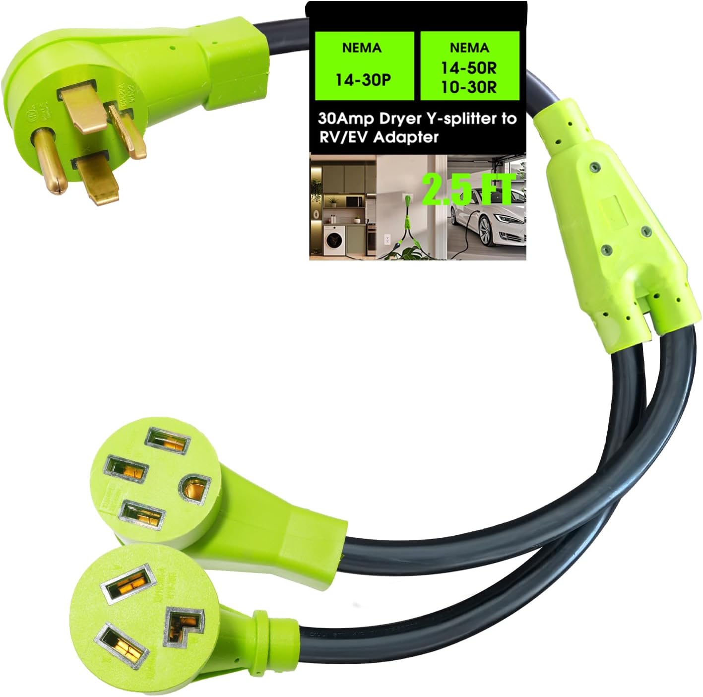 30 Amp 240V Y Splitter for Dryer and EV Charger, NEMA 14-30P to 10-30R/14-50R Dryer Outlet Adapter, Adapter for EV/RV Charging, Older Standard Dryer Adapter, STW 3/10 AWG, 2.5FT