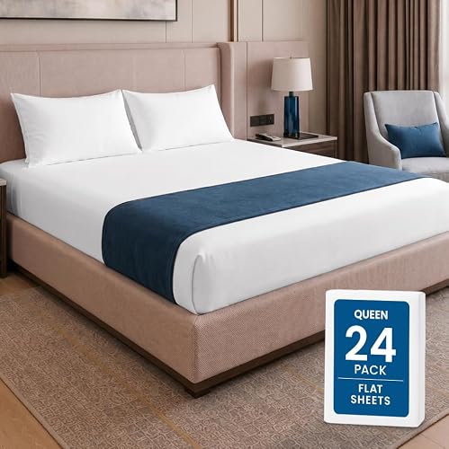 Bulk 24-Pack Queen Flat Sheet Only, Hotel Top Sheet for Resort, White