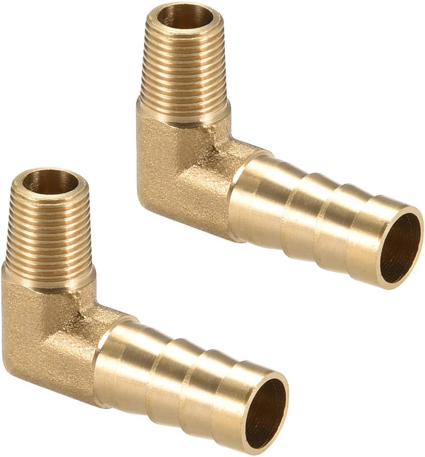 sourcing map Brass Barb Hose Fitting, 90 Degree Elbow 10mm Barbed to 1/8 PT Male Pipe Adapter Connector 2pcs