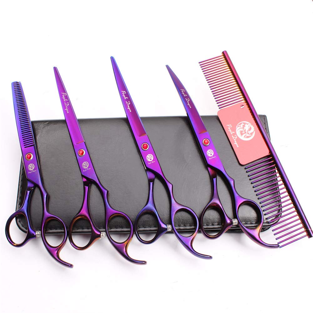 7-inch Pet Grooming Scissors Set, Stainless Steel Pet Trimmer Kit 5 Pieces Pet Grooming Scissors Set Hair Care for Dog or Cat With Cutting Scissors Thinning Shear Curved Scissors Grooming Comb
