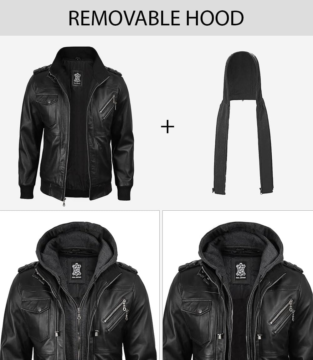 Blingsoul Mens Leather Jacket Detachable Hooded Black Leather Jackets For Men - Image 3
