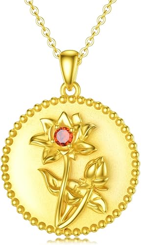 LONAGO Collar con colgante de flor de nacimiento, margarita, lirio, loto, clavel, mes, flor floral, disco redondo, moneda, collar con colgante de