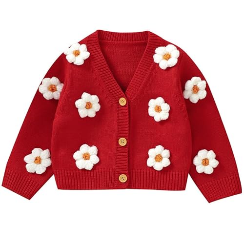 Image of LAWKUL Baby Toddler Girl Cardigan Warm Sweater Floral Long Sleeve Jumpers Coats Knitted Clothes Red 6-9 Months