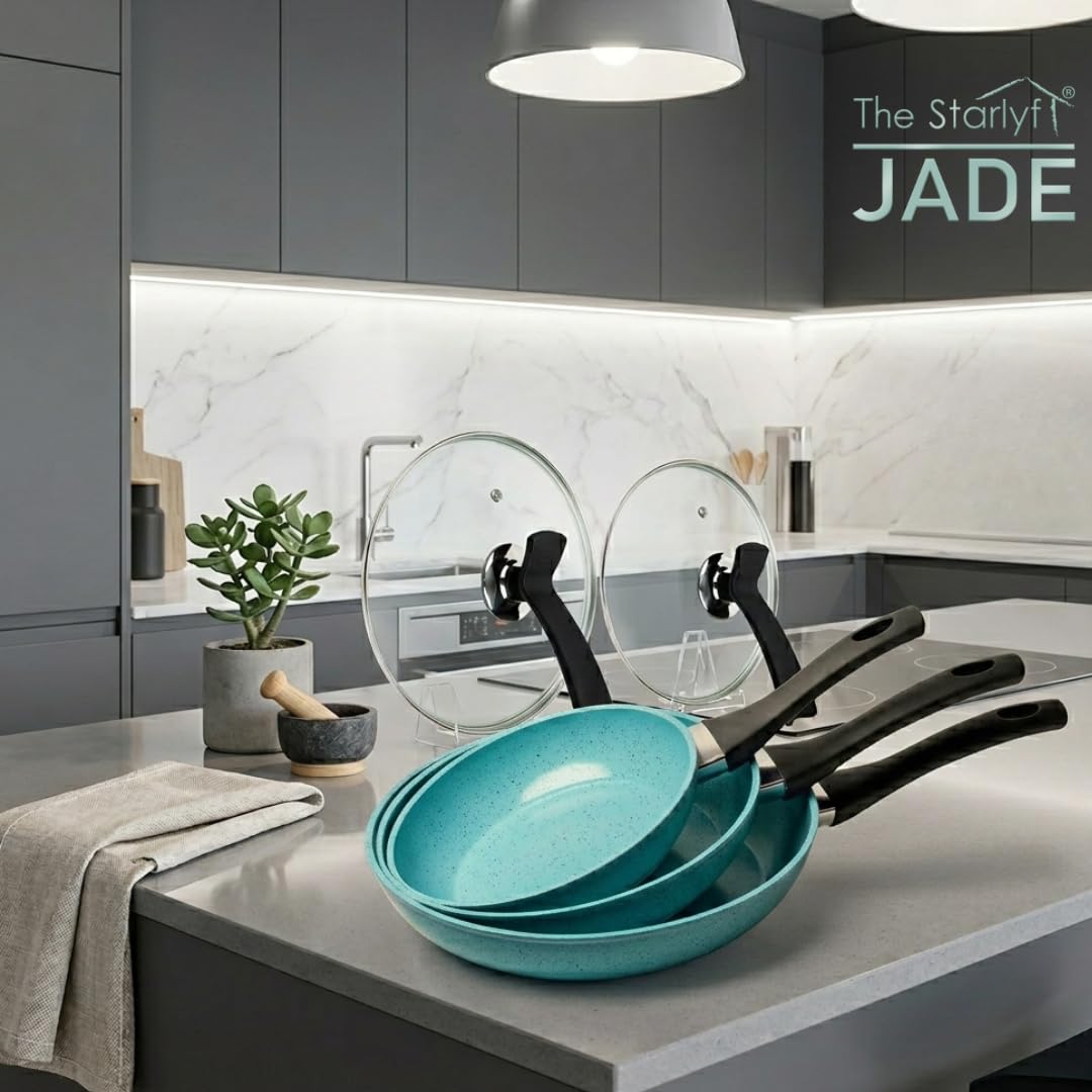 STARLYF Jade Pan – Juego de Sartenes Antiadherentes con Revestimiento de Jade, Aptas para Inducción, Gas y Vitrocerámica, Mango Ergonómico y Calentamiento Uniforme, Set Duradero