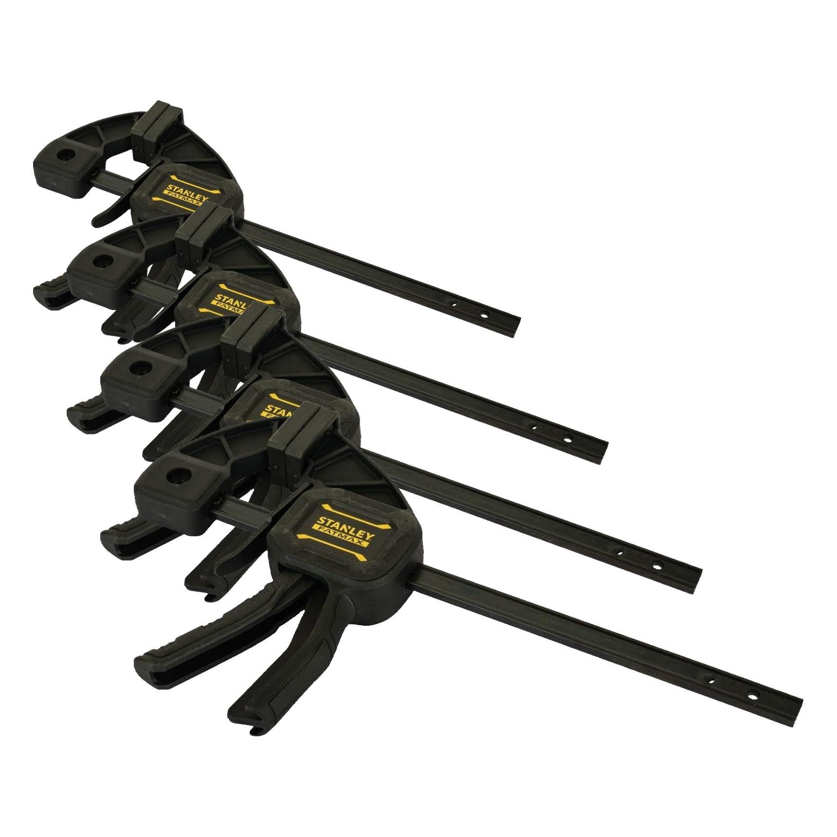 STANLEY FatMax Einhandzwinge Medium (325mm Schienen-Länge, 45kg Spannkraft, verwindungssteife I-Profil-Schiene, leichtes Umstellen von Spannen auf Spreizen, abnehmbare Schutzkappen) FMHT0-83232
