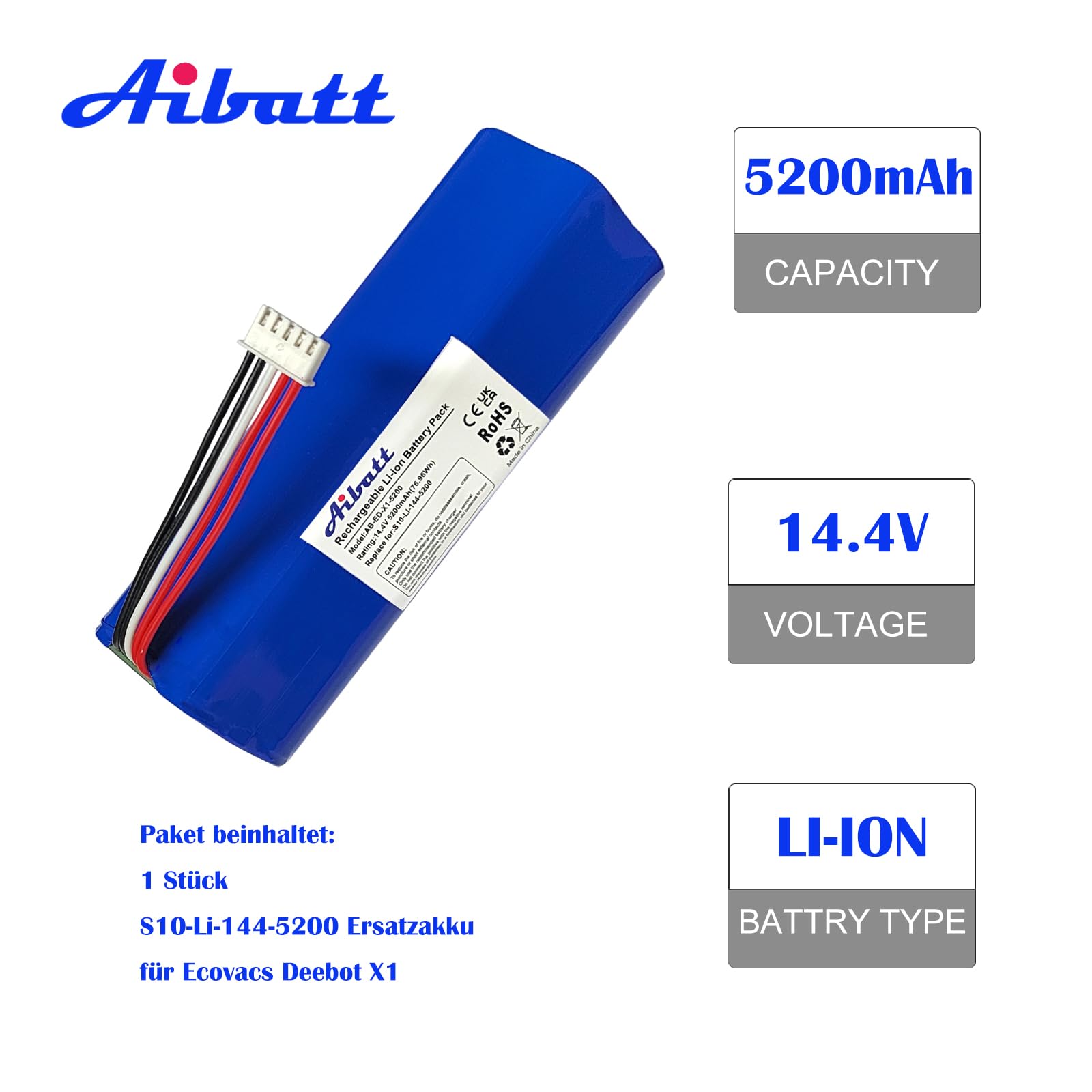5200mAh Ersatzakku für Ecovacs Deebot T8 Pure, T8+, Deebot T9, Deebot T20 Omni, Deebot T10, Deebot X1, Deebot Ozmo 950, Deebot T5 Max Staubsauger.(14.4V/74.88Wh)