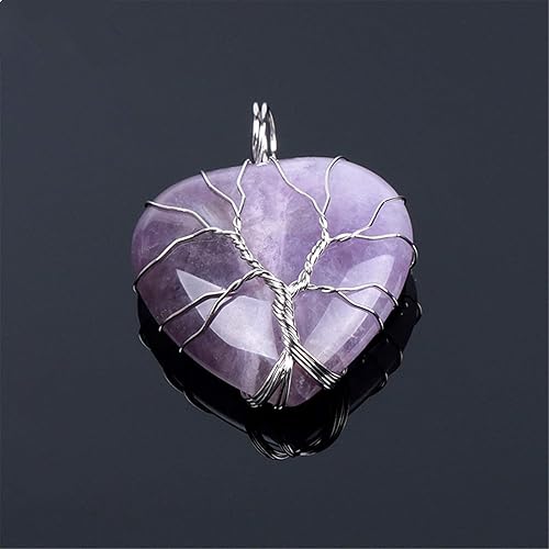 Miniatura 2 de Collar con colgante de piedra natural de cuarzo rosa amatista en forma de corazón con forma de árbol de la vida, collar de cadena de cuentas de