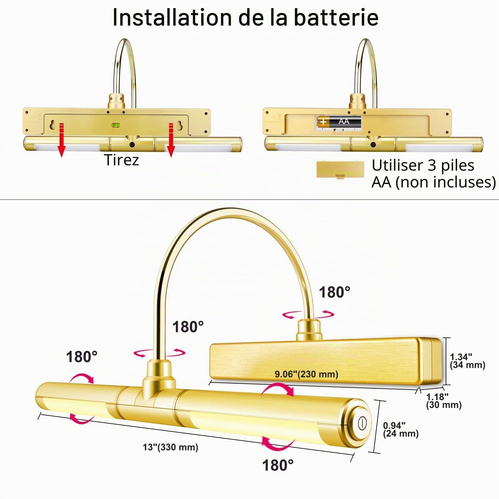 BIGLIGHT eclairage tableau led pile à piles avec télécommande 33 cm appliques pour tableaux et vitrines illustrations avec bras pivotant à 180° et gradateur de luminosité,Or