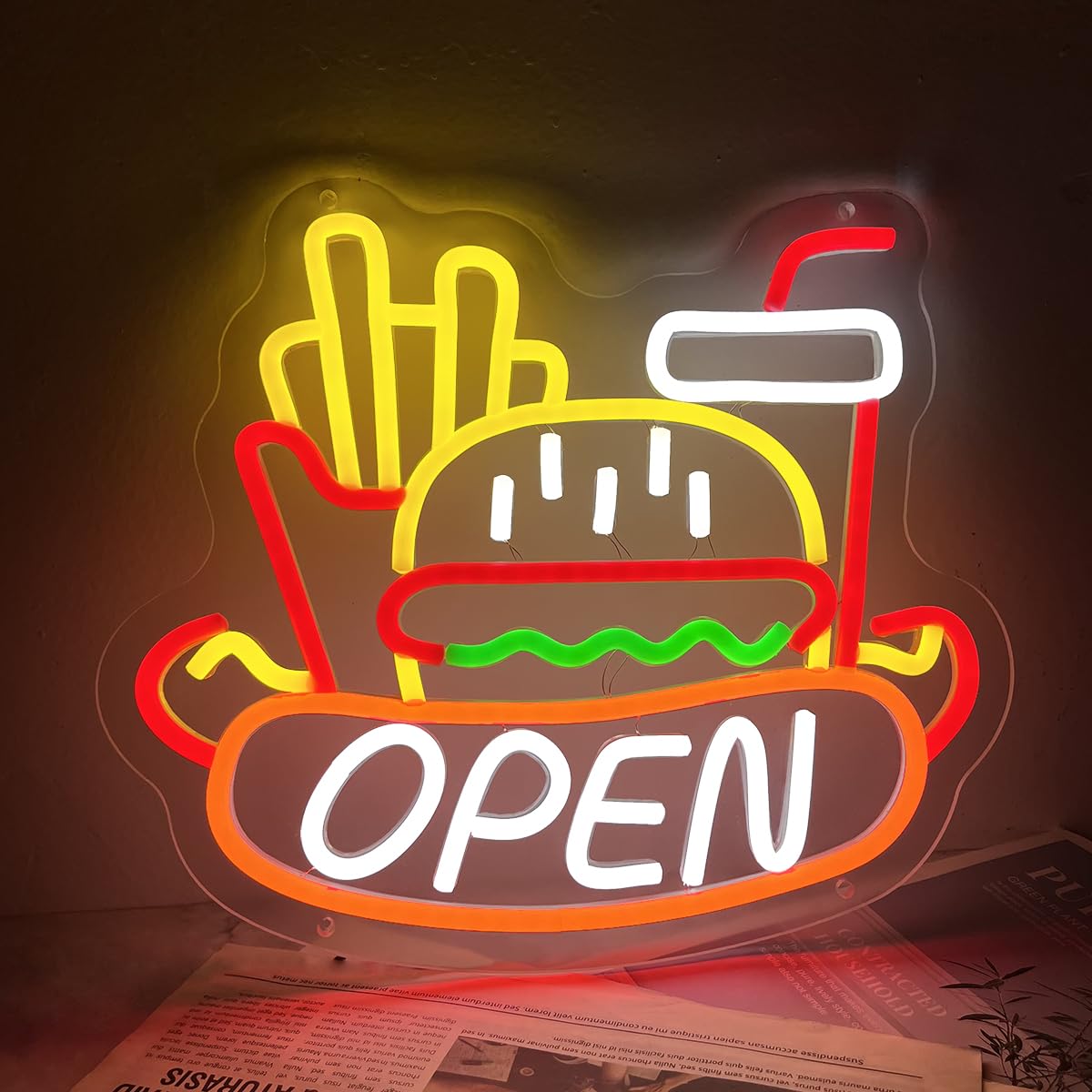 Burger Fries Neon Sign Led Open Sign for Business, Food Neon Light Sign for Fast Food Shop Hamburger Shop Snack Bar Restaurant Glass Door Window Decoration