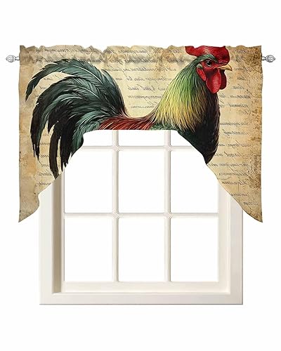 Retro Rooster Kitchen Swag Valance for Window, Rod Pocket Short