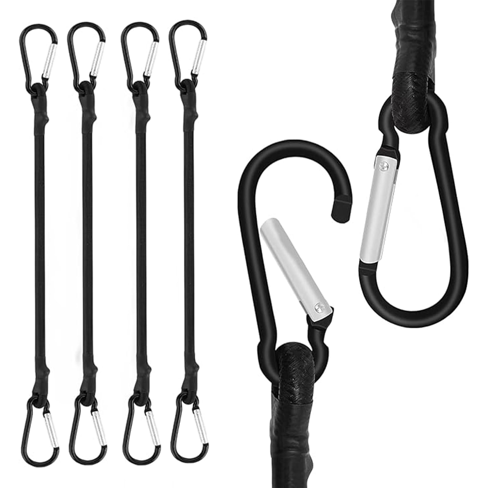 4 Pcs Bungee Cords with Carabiner Clips,30cm Bungee Cord with Hooks,Black Durable Elastic Straps,Stretchable Elastic Straps with Hooks,Outdoors Bungees Cord,for Camping,Outdoor, Luggage,Bike Rack