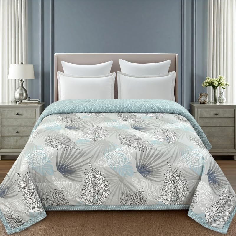 Image of Florida Blue Leaf Polycotton Double Bed AC Comforter with 1 Bedsheet & 2 Pillow Covers | Ultra Soft 4 Pc Reversible Bedding Set