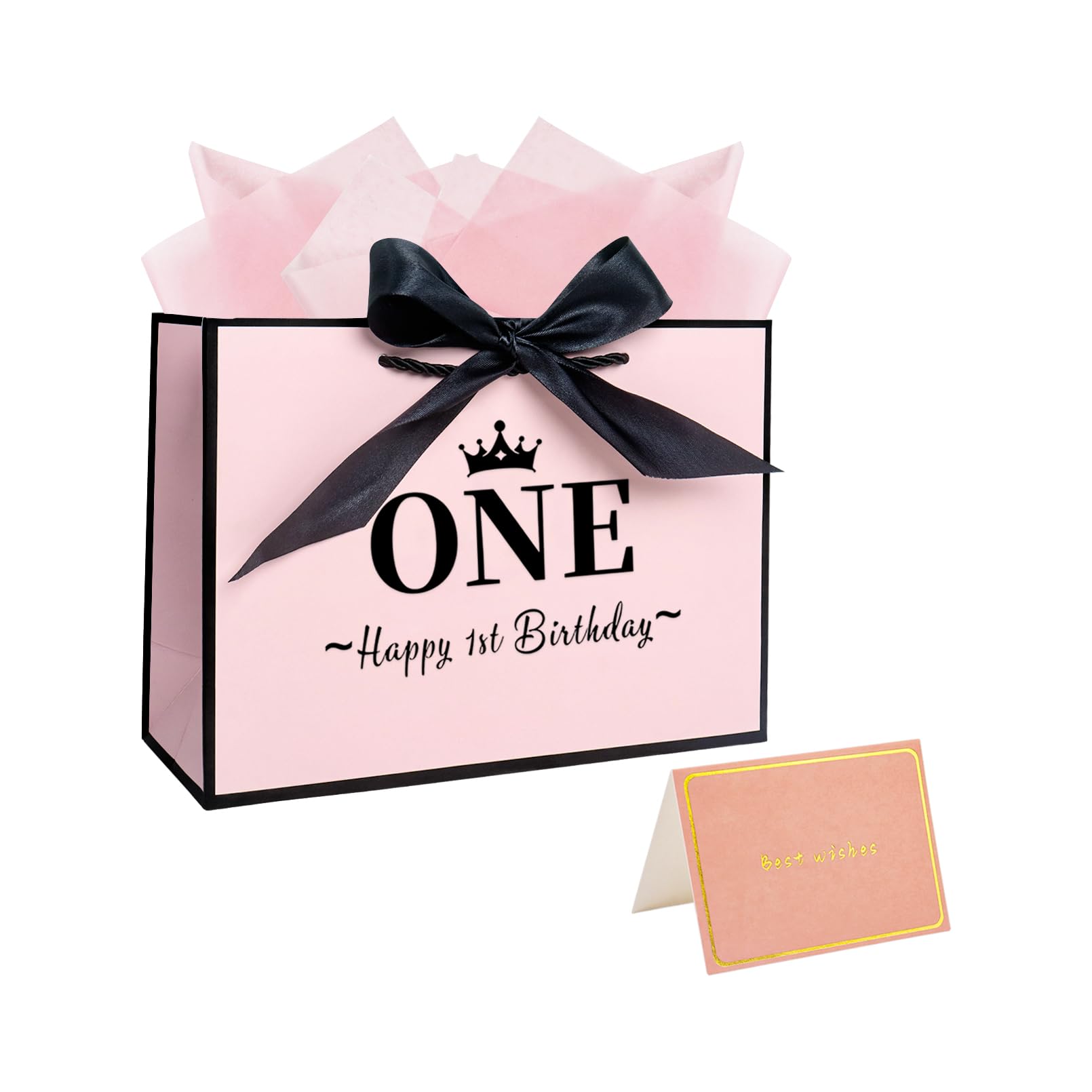 11.0× 8.0× 4.0 Inches 1st Birthday Gift Bag, One Year Old Baby Girl Gift Bag with Tissue Paper and Card — image 1