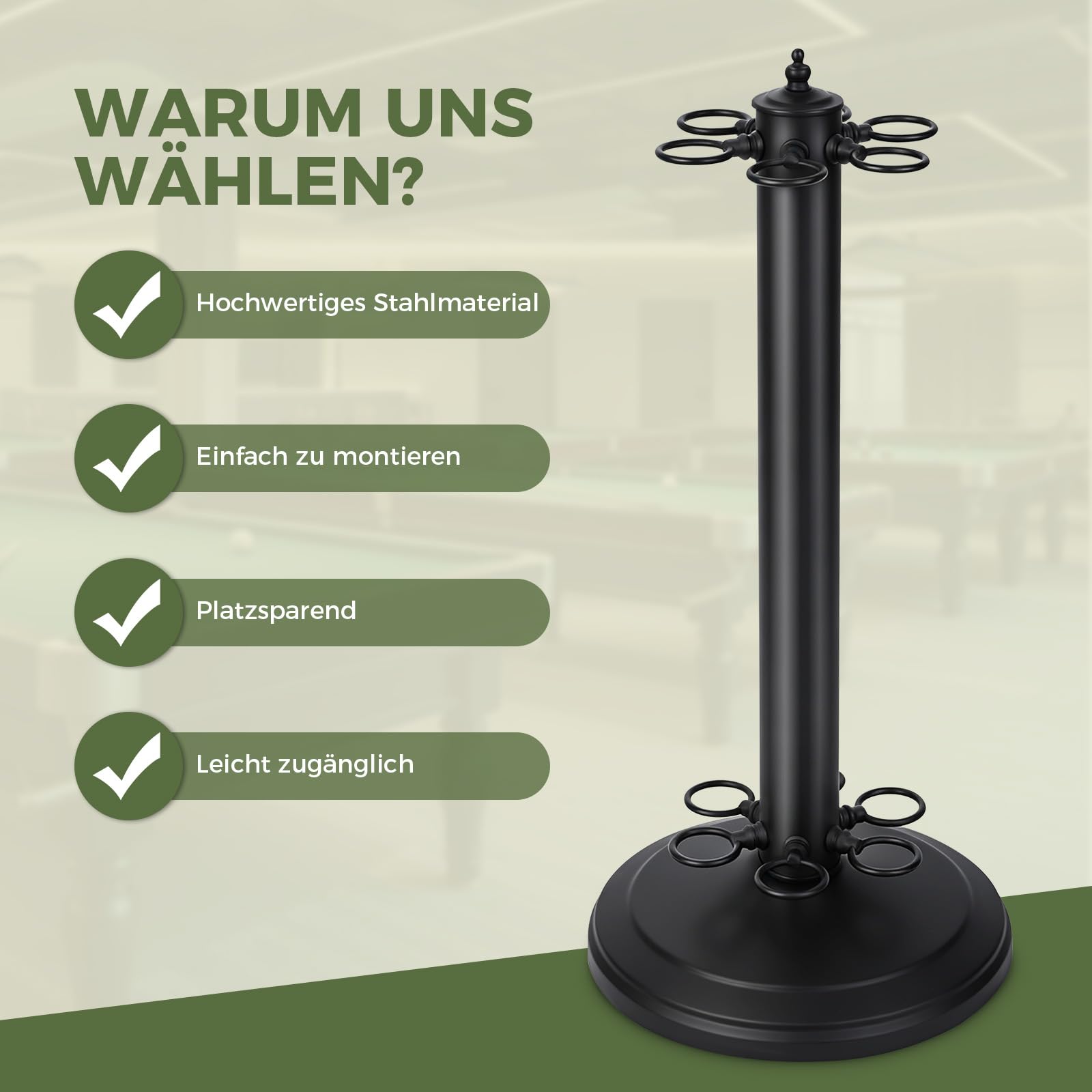 Billard Queue Halter, Billardqueue Halterung Pool Queueständer, 6-loch | Freistehender Metall Poolqueuehalter zur Aufbewahrung von Billardqueues, für Billardzimmer, Bars & Club