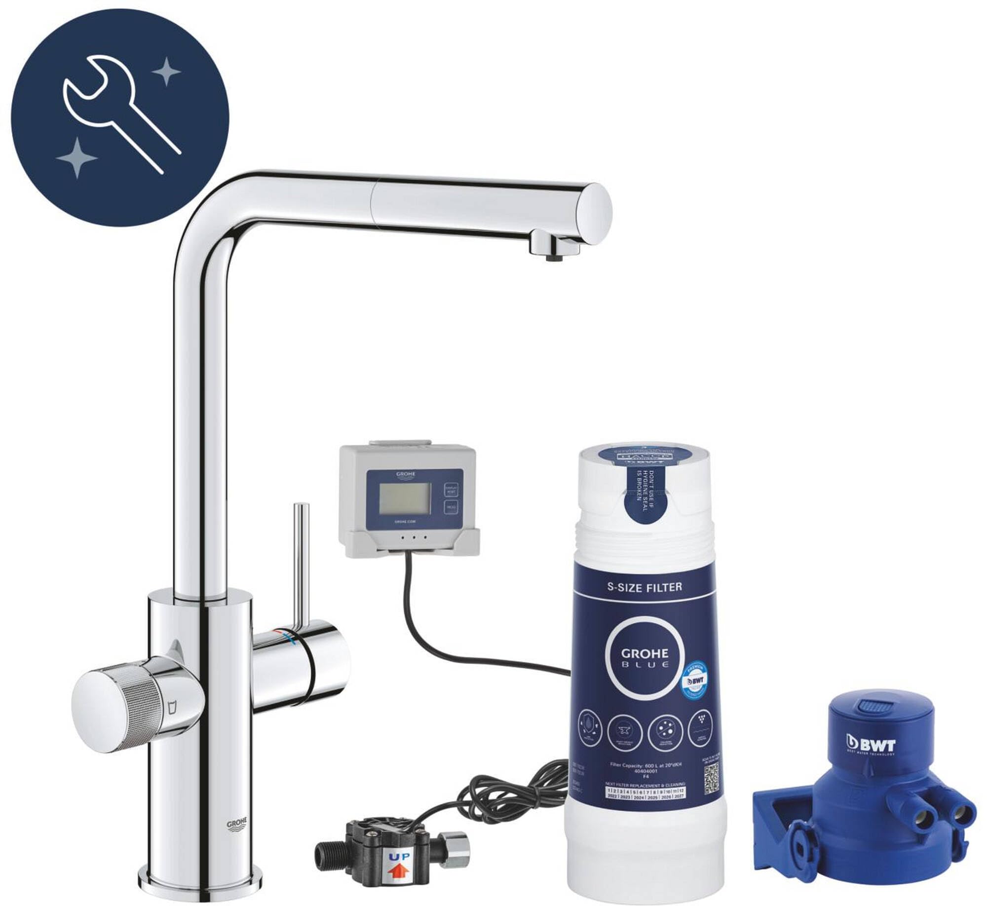 Grifo Grohe Blue Pure Minta para fregadero de cocina, con caño extraíble, con filtro de 5 fases tamaño S y contador de litros, cromo