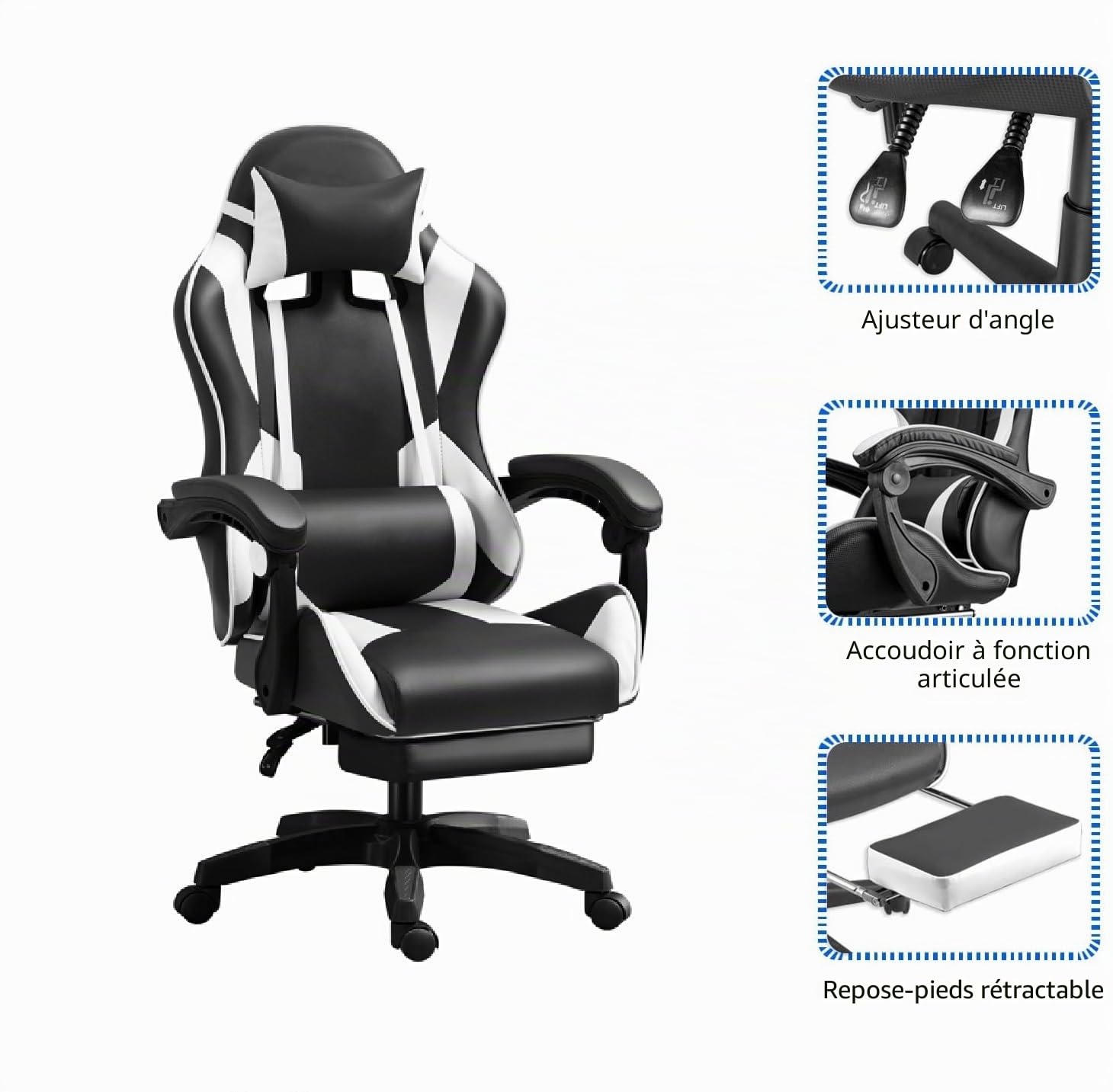 IZTOSS Chaise de Gaming Ergonomique avec Dossier réglable, avec appuie-tête, accoudoirs et Support Lombaire (C-Noir+Blanc)