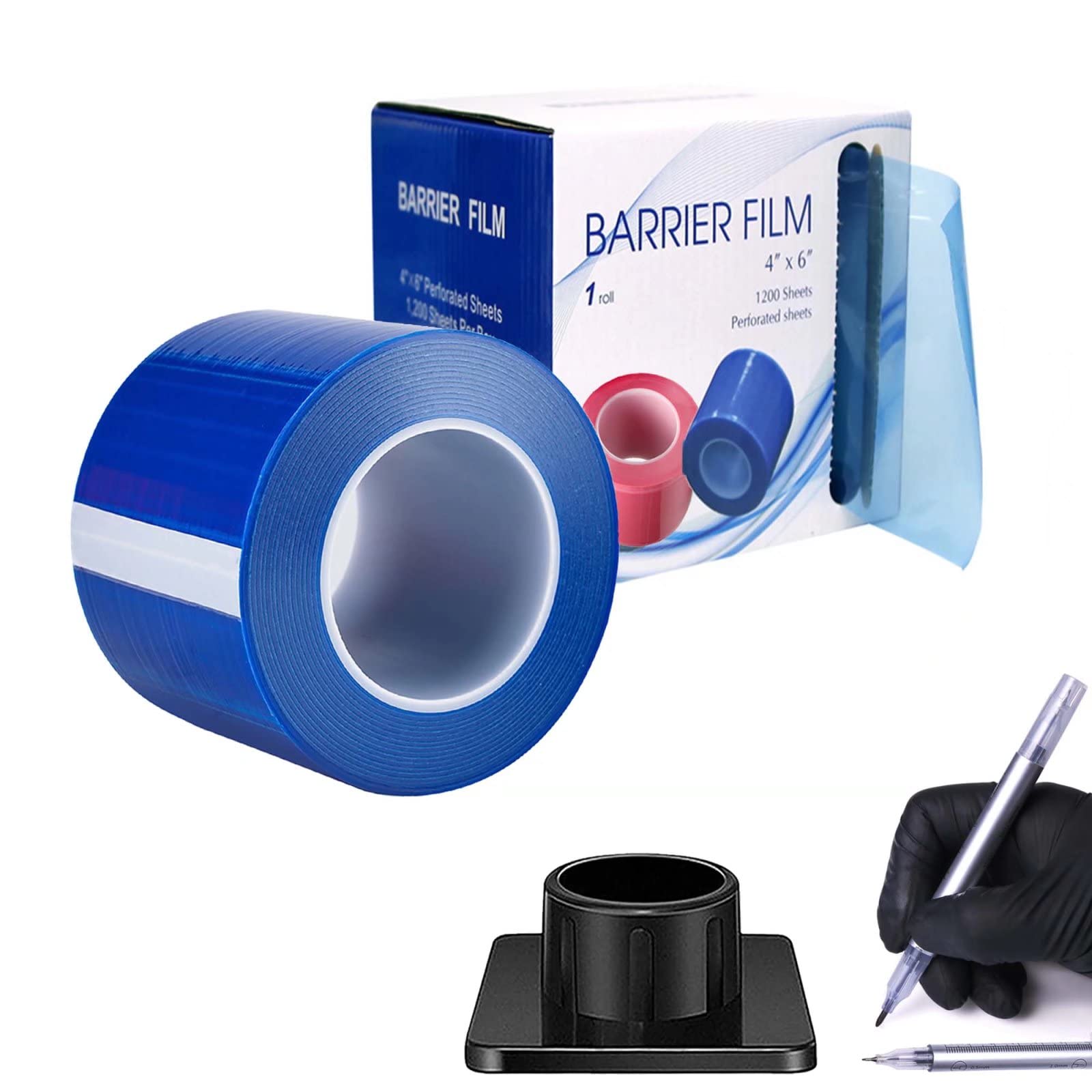 Blue Barrier Film 4 Inch x 6 Inch Barrier Film Tape 1200 Sheets Self-Adhesive Barrier Film Roll Disposable PE Protective Film for Dental Medical Tattoo w/Dispenser Box 2 Positioning Pen Fixed Base