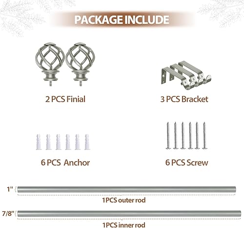 Miniatura 9 de KAMANINA Barra de cortina de 1 pulgada para ventana de 36 a 72 pulgadas (3-6 pies), remates de jaula trenzada, plata antigua