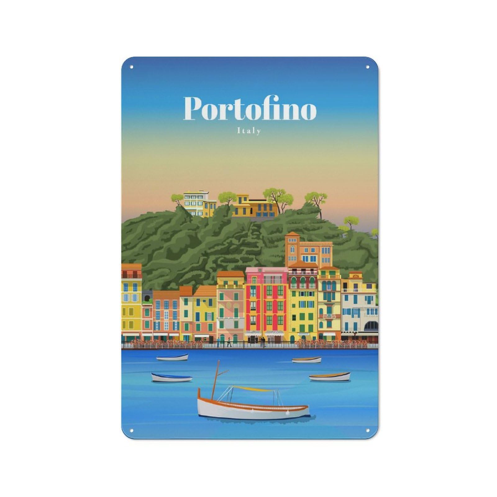 Junmoney Travel To Portofino Rustic Tin Wall Sign 30X20cm, Kitchen Wall Decor For Bakery, Diner, Cafe Or Family Room