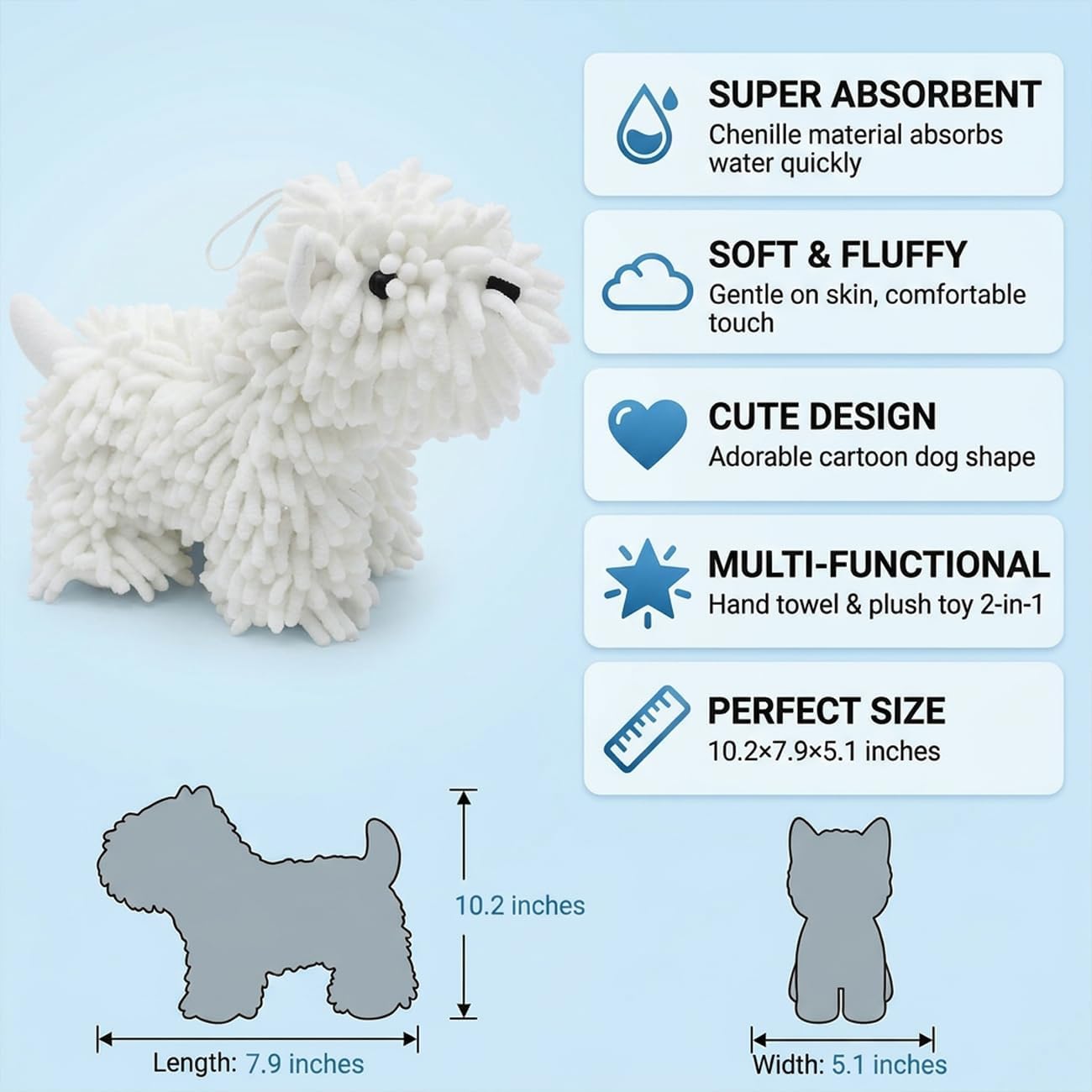2 Pack Cute Dog Chenille Hand Towel, 3D Puppy Hangable Fuzzy Ball Hand Towel Microfiber Super Soft Absorbent Bathroom & Kitchen Towels with Hooks, Can Be Placed on the Sink Countertop (White+Brown)