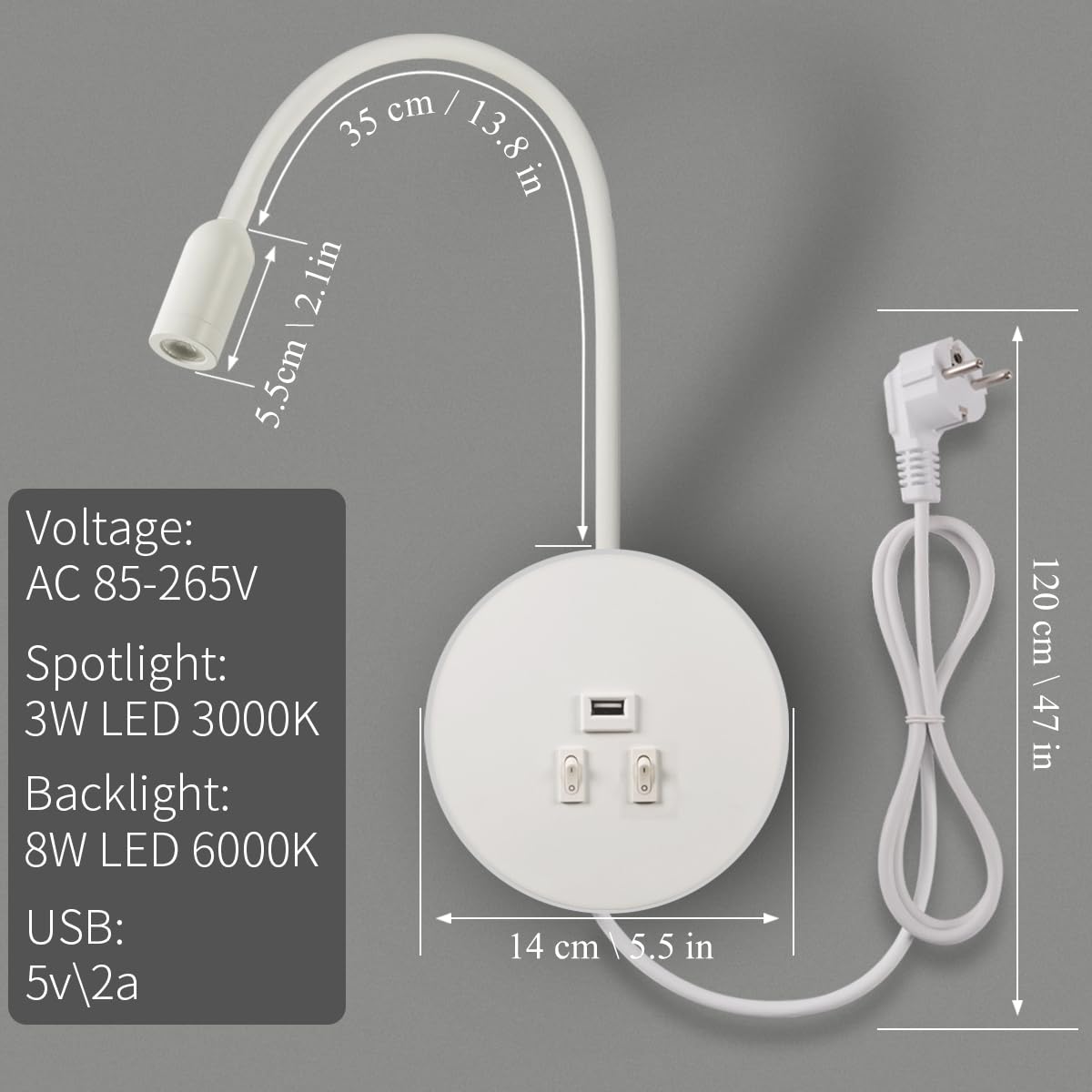 LED Kinkiet, gęsia szyja z Przełącznikiem, z portem ładowania USB, Obrotowa Lampka Nocna Nowoczesna Lampa do Czytania lampki Ścienna, 3W 3000K+8W 6000K do sypialni, Z kablem i wtyczką (Biały)
