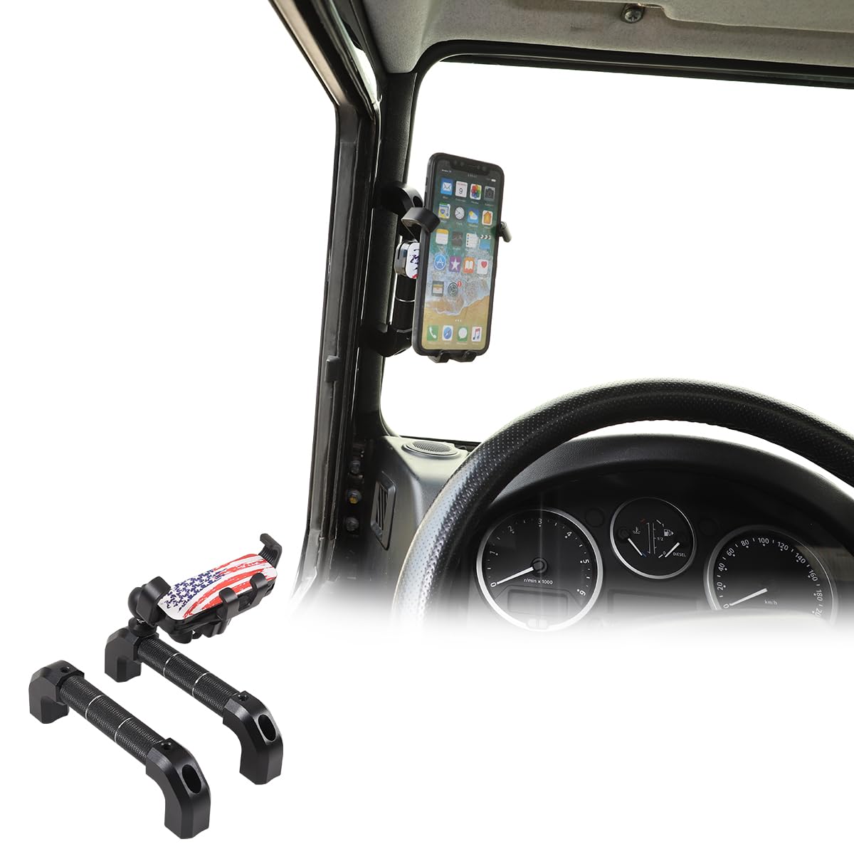 JONKOKO Car Interior Door Grab Handle Trim with Car Mobile Phone Holder Compatible with Land Rover Defender 2004-2018 Car A-Pillar Handle Mobile Phone Bracket GPS Navigation Bracket (Style B, Black)
