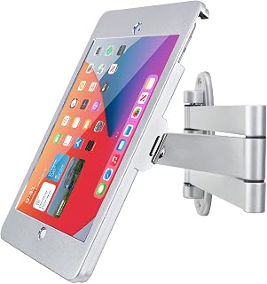 Tablet Wall Mount Bracket with fold for iPad 10.2-Inch (7th 8th 9th Gen.), Extend Adjustable Arm Swivel with Anti Theft Security Lock and Key, Multi Angle, Rotate Design,Metal (Silver)