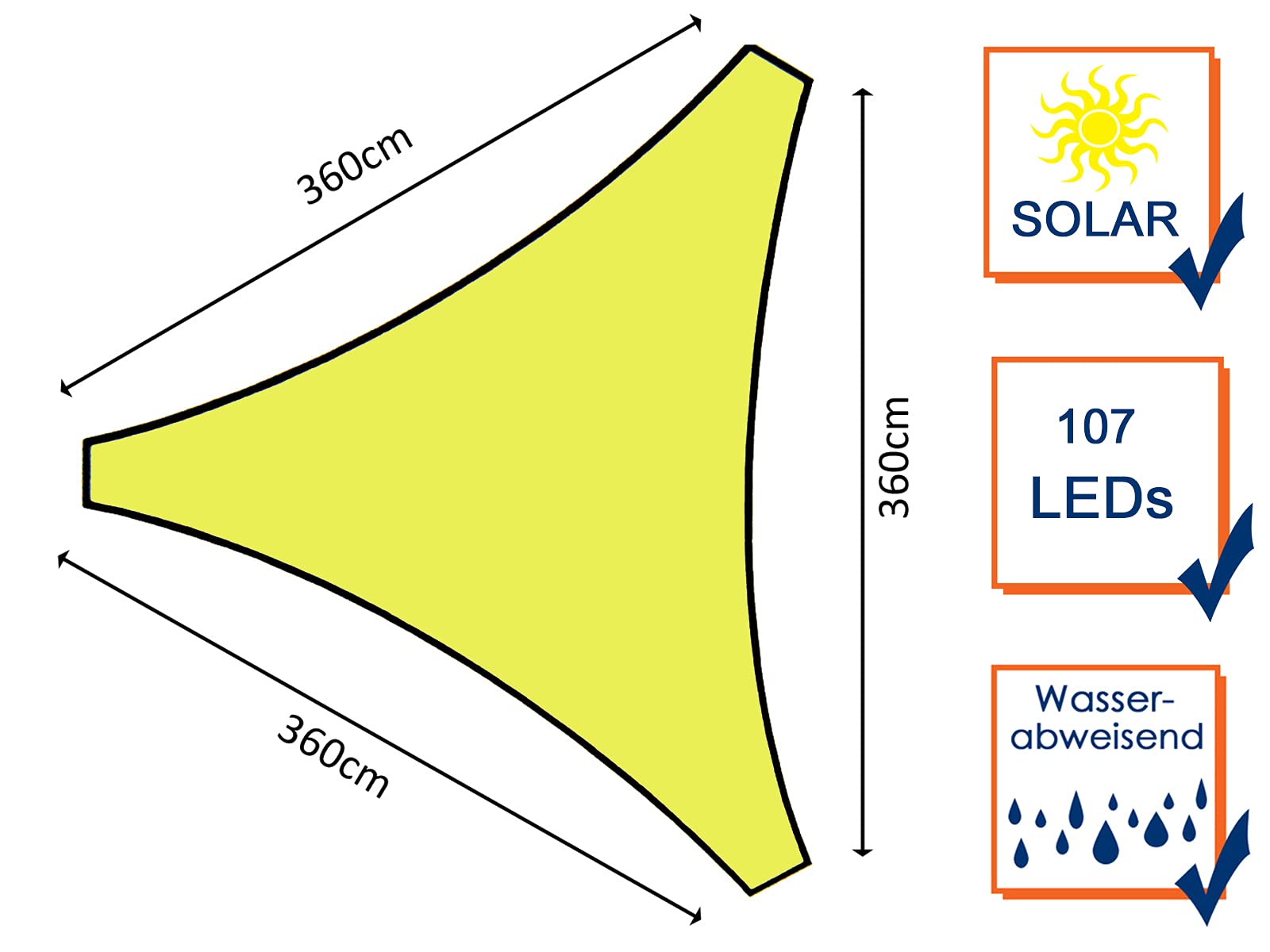 Solarny żagiel przeciwsłoneczny, trójkąt z 107 diodami LED, 3,6 m, odporny na działanie wody, z oczkami, zestaw montażowy, kolor limonkowy