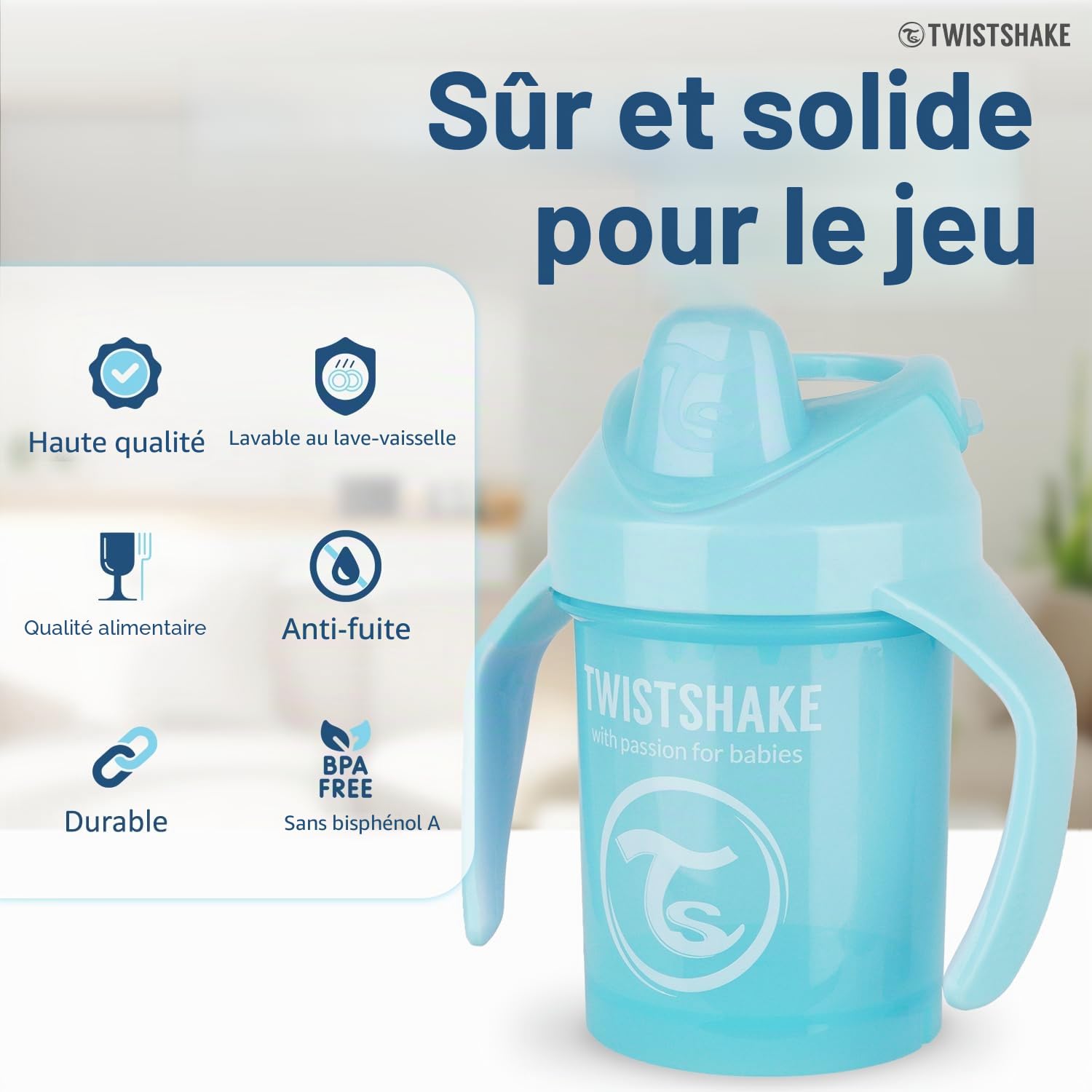 Twistshake Mini Cup – Gobelet Anti-Déversement 230 ml avec Bec Souple et Mélangeur de Fruits – Tasse de Sevrage Anti-Fuite pour Bébé – Sans BPA – Bleu