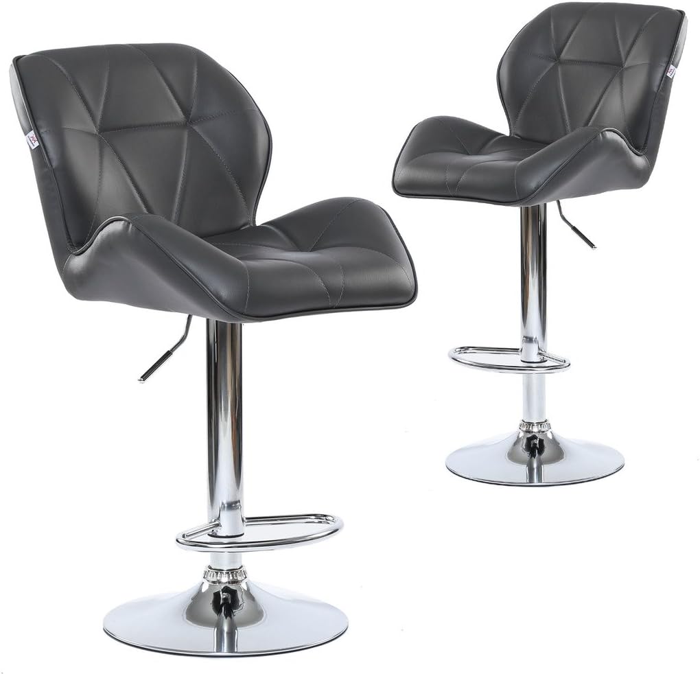 Chiming PU Leather Bar Stools Modern Diamond Pattern Swivel Dinning Kitchen Chair, Set Of 2, Grey