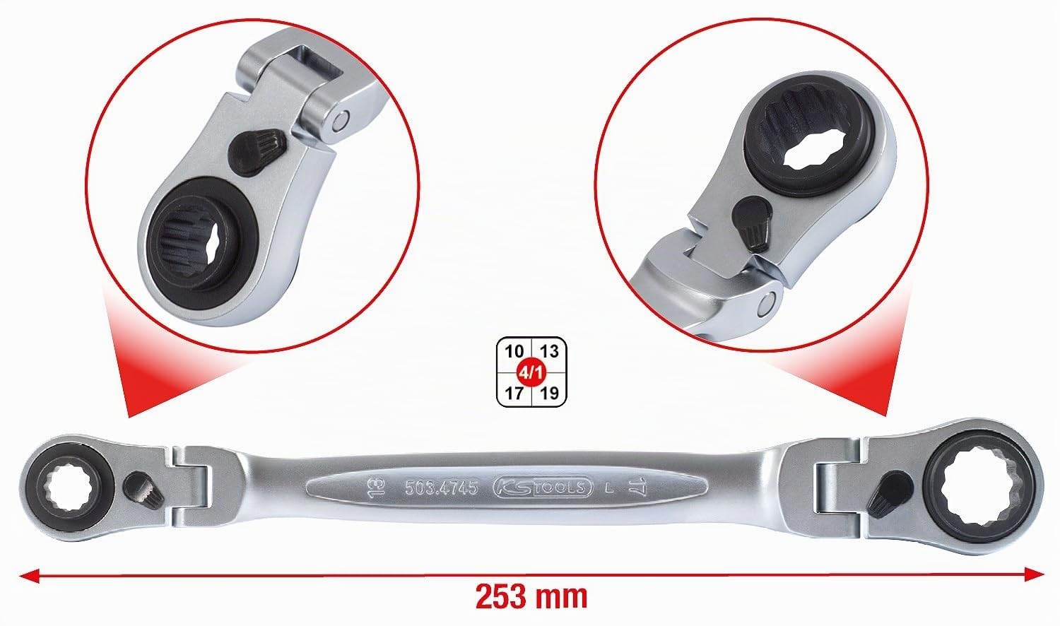 KS Tools 503.4745 4 in 1 GEARplus umschaltbar Gelenk-Doppel-Ringschlüssel, 10x13-17x19mm, Size, Farbe | 503.4745, Doppel-Gelenkschlüssel