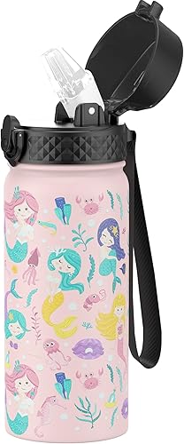 GOPPUS Botella de agua aislada para niños, 18 onzas, sin BPA, botella de viaje de acero inoxidable 188 con popote y doble pared a prueba de fugas al