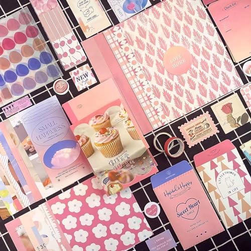 Image of Vintage Aesthetic Scrapbook Kit(346Pcs) Scrapbooking Supplies Kit with Bullet Junk Journal,Stationery,A6 Grid Notebook Journaling Gift for Girl (Pink Scrapbook)